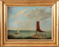 Hollandse School, 19e eeuw, Meyer omstreeks 1800, Hollandse school, zeilboten met figuren op meer, olieverf op linnen
