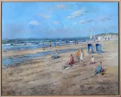 Pieter van Noort, strandgezicht, Van Noort, strandgezicht Zandvoort met figuren, olieverf op linnen 75x95cm