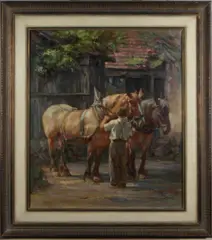 H. Nickel, boer met paarden, Hans Nickel omstreeks 1980, Duitse school, boer met paardenspan, olieverf op linnen 60x70cm
