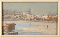 Schilderij Wiersma, Drachten, Ids Wiersma 1878-1965, winters dorpsgezicht in zonlicht (Drachten), olieverf op linnen 18x30cm Cond:G