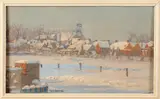 Schilderij Wiersma, Drachten, Ids Wiersma 1878-1965, winters dorpsgezicht in zonlicht (Drachten), olieverf op linnen 18x30cm Cond:G