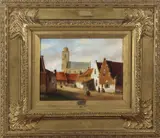 Johannes Eerdmans, stadsgezicht, Johannes Eerdmans 2e helft 20e eeuw Hollands stadsgezicht met figuren, olieverf op paneel