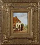 Johannes Eerdmans, stadsgezicht, Johannes Eerdmans 2e helft 20e eeuw, romantische voorstelling, tonnenmaker met figuren, olieverf op paneel 13x18cm