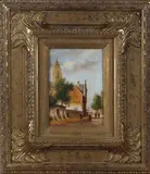 Johannes Eerdmans, stadsgezicht, Johannes Eerdmans 2e helft 20e eeuw stadgezicht met wandelende figuren, olieverf op paneel 13x18cm