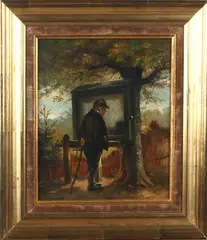 A.J. v. Prooyen, man in landschap, A.J. van Prooyen 1834-1898, man bij dorpskast voor nieuws berichten, olieverf op paneel 22,5x19cm
