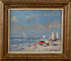 J.J.H. van Leeuwen, strandje, J.J.H van leeuwen Den Haag, strandgezicht met vele figuren, olieverf op paneel 20x25cm