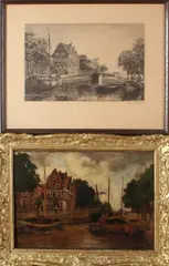 Schilderij en ets, Wiersma, (toegeschreven aan Ids Wiersma), en identieke ets Ids Wiersma 1878-1965, olieverf op linnen 34x24cm. ets: 28x18cm