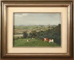 Schilderij Glaademans, koeien, W.M Oudemans, koeien in Limburgs landschap, olieverf op paneel 36x27cm