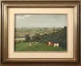 Schilderij Glaademans, koeien, W.M Oudemans, koeien in Limburgs landschap, olieverf op paneel 36x27cm