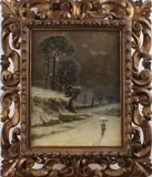 19e eeuw by Onduidelijk gesigneerd, Onduidelijk gesigneerd omstreeks 1880 besneeuwd landschap met wandelaar, olieverf op linnen 46x36cm, sold Oct 2016