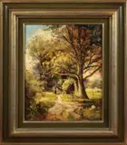 Ton Anconé, vrouw op weg, Ton Ancone (Oldenzaal) wandelaar in bospad, olieverf op paneel 24x30cm