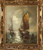 Duitse School by Onduidelijk gesigneerd, Onduidelijk gesigneerd, verso Düsseldorf, Duitse school, vissersboten op zee, olieverf op linnen, sold Oct 2016