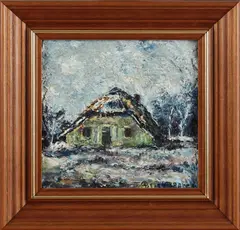 P. van den Braken, landschap, Peter van den Braken 1896-1979 boerderij in de winter, olieverf op paneel 16x16cm