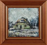 P. van den Braken, landschap, Peter van den Braken 1896-1979 boerderij in de winter, olieverf op paneel 16x16cm