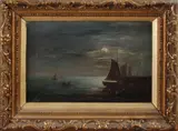 ca. 1900 by Onduidelijk gesigneerd, Onduidelijk gesigneerd omstreeks 1900, zeegezicht met boten bij nacht, olieverf op linnen 30,5x20,5 Cond:G, sold Oct 2016