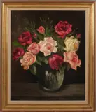 C. Neuhaus, stilleven rozen, Neuhaus omstreeks 1940, stilleven vaas met rozen, olieverf op paneel 43x36cm