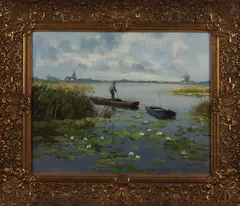 A. Coogelingen, vissers, Engeling omstreeks 1930, plasgezicht met punter en waterlelies, olieverf op linnen 40x50cm