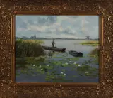 A. Coogelingen, vissers, Engeling omstreeks 1930, plasgezicht met punter en waterlelies, olieverf op linnen 40x50cm