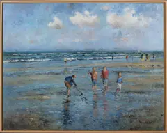 Pieter van Noort, strandgezicht, Van Noort, strandgezicht Zandvoort met figuren, olieverf op linnen 75x95cm