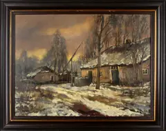 H. Gautier, boerderij in de sneeuw, Onduidelijk gesigneerd omstreeks 1950, winters landschap met boerderij, olieverf op linnen 60x80cm