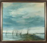 Groot schilderij, landschap, P.Hak hollandse uiterwaard van de Ijssel, olieverf op linnen 90x100cm