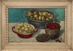 N. Hoppes, stilleven met fruit, N Hoppes, Nijmegen augustus 1958, stilleven met fruit, olieverf op paneel 27x18cm