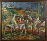 Willem Poelman, naar Pissarro, Willem Poelman(restaurateur/taxateur) Frans landschap met huizen, naar Camille Pissaro, olieverf op linnen 160x85cm