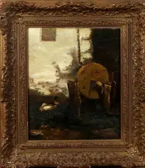 Jacob Maris, molensteen, Jacob Maris Den Haag 1837-1899 Karslbad, eenden bij slijpsteen, olieverf op paneel 24,5x22,5cm Cond:R/G