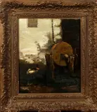 Jacob Maris, molensteen, Jacob Maris Den Haag 1837-1899 Karslbad, eenden bij slijpsteen, olieverf op paneel 24,5x22,5cm Cond:R/G