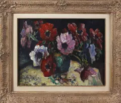 Evert Moll, bloemstilleven, Evert Moll 1878-1955, stilleven, vaas met bloemen, olieverf op linnen 30x40cm
