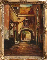 Prof. v. Beek, doorgang, Prof. van Beek omstreeks 1920 dorpsstraat met doorgang, poortje Delft, olieverf op paneel 16x12cm Cond:G