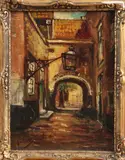Prof. v. Beek, doorgang, Prof. van Beek omstreeks 1920 dorpsstraat met doorgang, poortje Delft, olieverf op paneel 16x12cm Cond:G