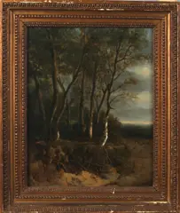 Papier op paneel, bosgezicht, Monogram B.S 19e eeuw, romantisch bosgezicht, olieverf op papier, 34x27cm Cond:G
