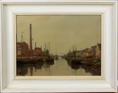 Jos Beeling, haven Almelo, Jos Beeling 1890 Leeuwarden, oude haven van Almelo 1935, olieverf op linnen 30x40cm