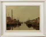 Jos Beeling, haven Almelo, Jos Beeling 1890 Leeuwarden, oude haven van Almelo 1935, olieverf op linnen 30x40cm
