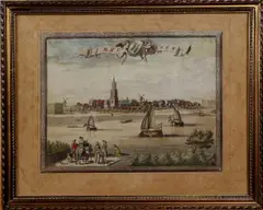 Gravure Rhenen, 17e eeuw, Zeventiende eeuws Hollandse ingekleurde gravure van Rhenen, door T Doesburgh Fecit, gravure op papier 30x24,5cm