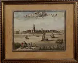 Gravure Rhenen, 17e eeuw, Zeventiende eeuws Hollandse ingekleurde gravure van Rhenen, door T Doesburgh Fecit, gravure op papier 30x24,5cm