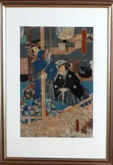 Japanse litho, 2 vrouwen, Gesigneerde Japanse houtsnede, 19e eeuw, Geisha met man in Japans interieur, houtsnede op papier 35x24cm