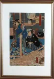 Japanse litho, 2 vrouwen, Gesigneerde Japanse houtsnede, 19e eeuw, Geisha met man in Japans interieur, houtsnede op papier 35x24cm
