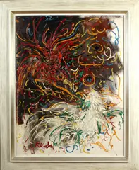 Indonesische School, 50-er jaren, Onduidelijk gesigneerd Indonesische school omstreeks 1970 twee vechtende hanen olieverf op linnen 90x70cm Cond:G