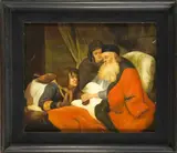 Ongesigneerd schilderij, 20e eeuw, Ongesigneerd 20e eeuw familie bij zieke man in bed, olieverf op paneel 48x40cm Cond:G