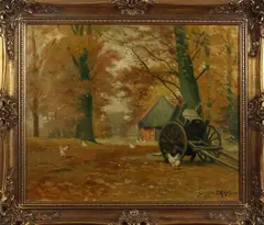 kippen bij schuur by Schilderij G. Krol, Gerard Krol Enschede 1882-1950 bosgezicht met boerenschuur, kippen en paardenkar, olieverf op linnen 51x60 cm Cond:G, sold Apr 2016