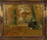 Schilderij G. Krol, kippen bij schuur, Gerard Krol Enschede 1882-1950 bosgezicht met boerenschuur, kippen en paardenkar, olieverf op linnen 51x60 cm Cond:G