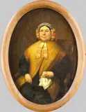 Portret 19e eeuw, monogram, Monogram H.R 19e eeuws portret op stoel, dame met hoofdbedekking, olieverf op linnen (ovaal-krasjes) 40x30cm Cond:R