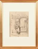Johannes Anthonie Balthasar Stroebel, vrouw in kerk, J.A.B Stroebel Fecit 1821-1905 interieur met figuren, steendruk op papier 16x12cm Cond:G