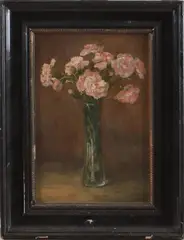 J. v. Dijk, stilleven, J. van Dijk 1917, glazen vaas met bloemen, olieverf op paneel 25x40cm Cond:G