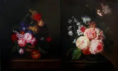 2 Schilderijen, stillevens, Twee stillevens 20e eeuw, geschilderd in 17e eeuwse stijl, olieverf op linnen 40x50cm