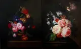 2 Schilderijen, stillevens, Twee stillevens 20e eeuw, geschilderd in 17e eeuwse stijl, olieverf op linnen 40x50cm