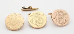 Drie manchetknopen Gg 585 & 000, met monogram, GG met monogram, Grote ronde manchetknopen versierd met een monogramgravure, MB. ø 24 mm