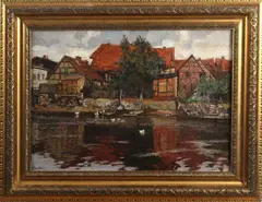Schilderij Gunther T., Duitse School, F Günther 1919 Duitse school, Fachwerkhuizen en eenden op de vijver, olieverf op linnen 57x40cm Cond:G